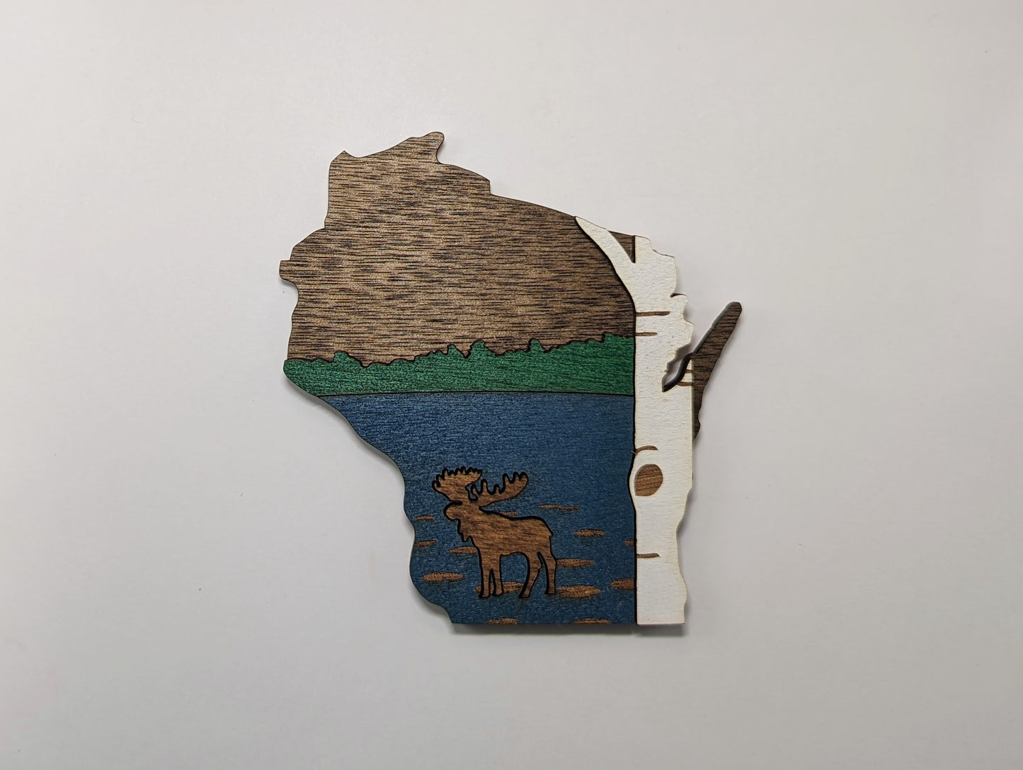 Rustic Moose and Birch Scene Wisconsin Wooden Ornament or Magnet