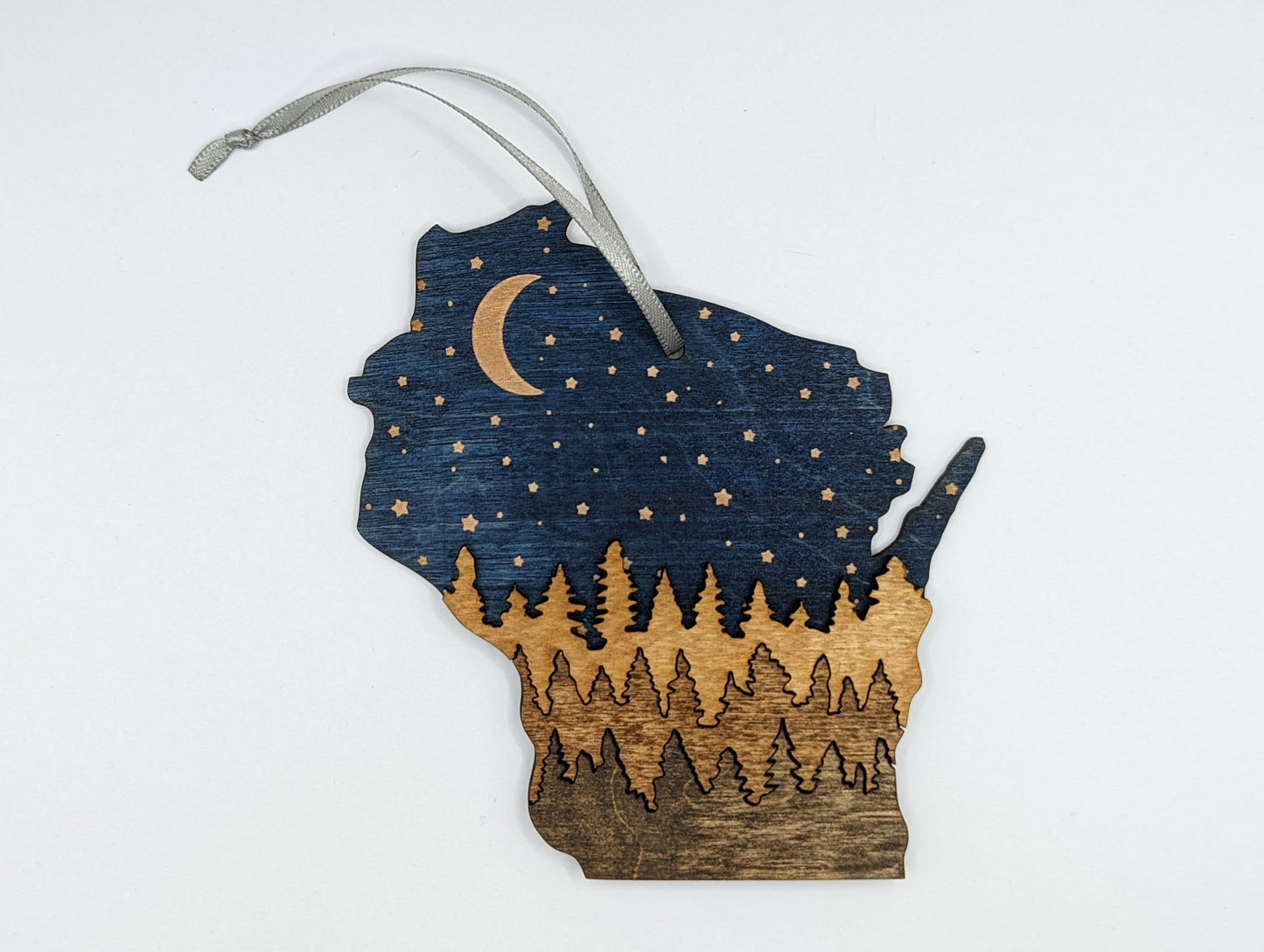 Night Sky Moon and Stars Wisconsin 5" handmade wood ornament or magnet