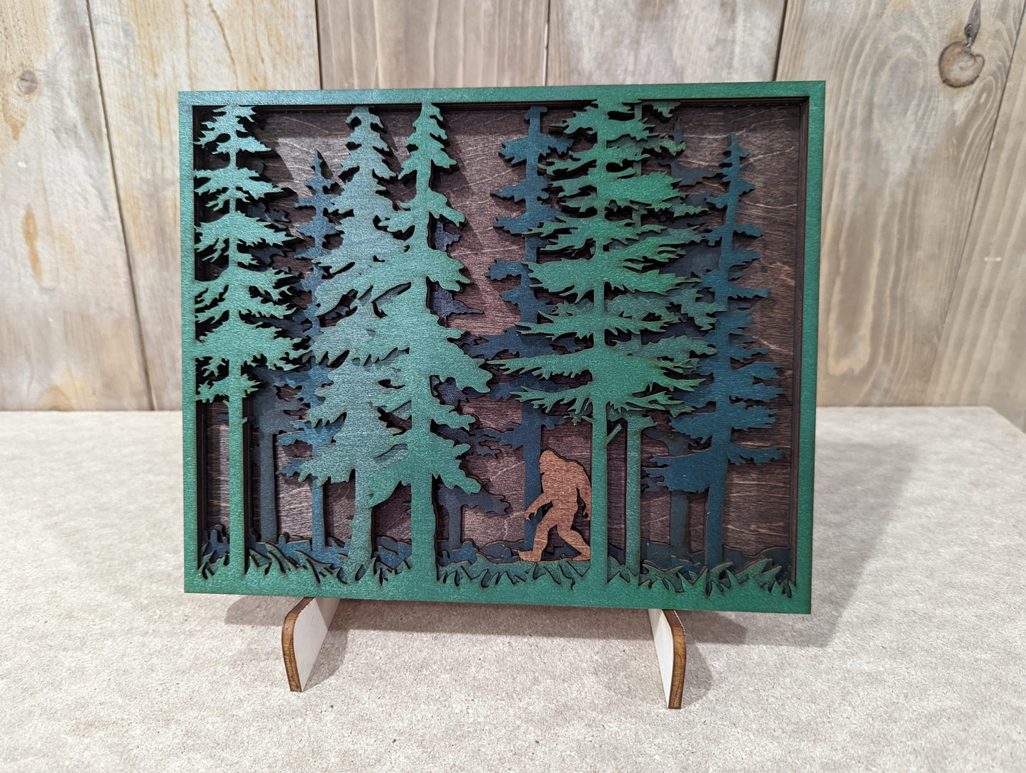 Sasquatch woods scene. Layered wood sign. Multiple sizes available. Bigfoot Yeti