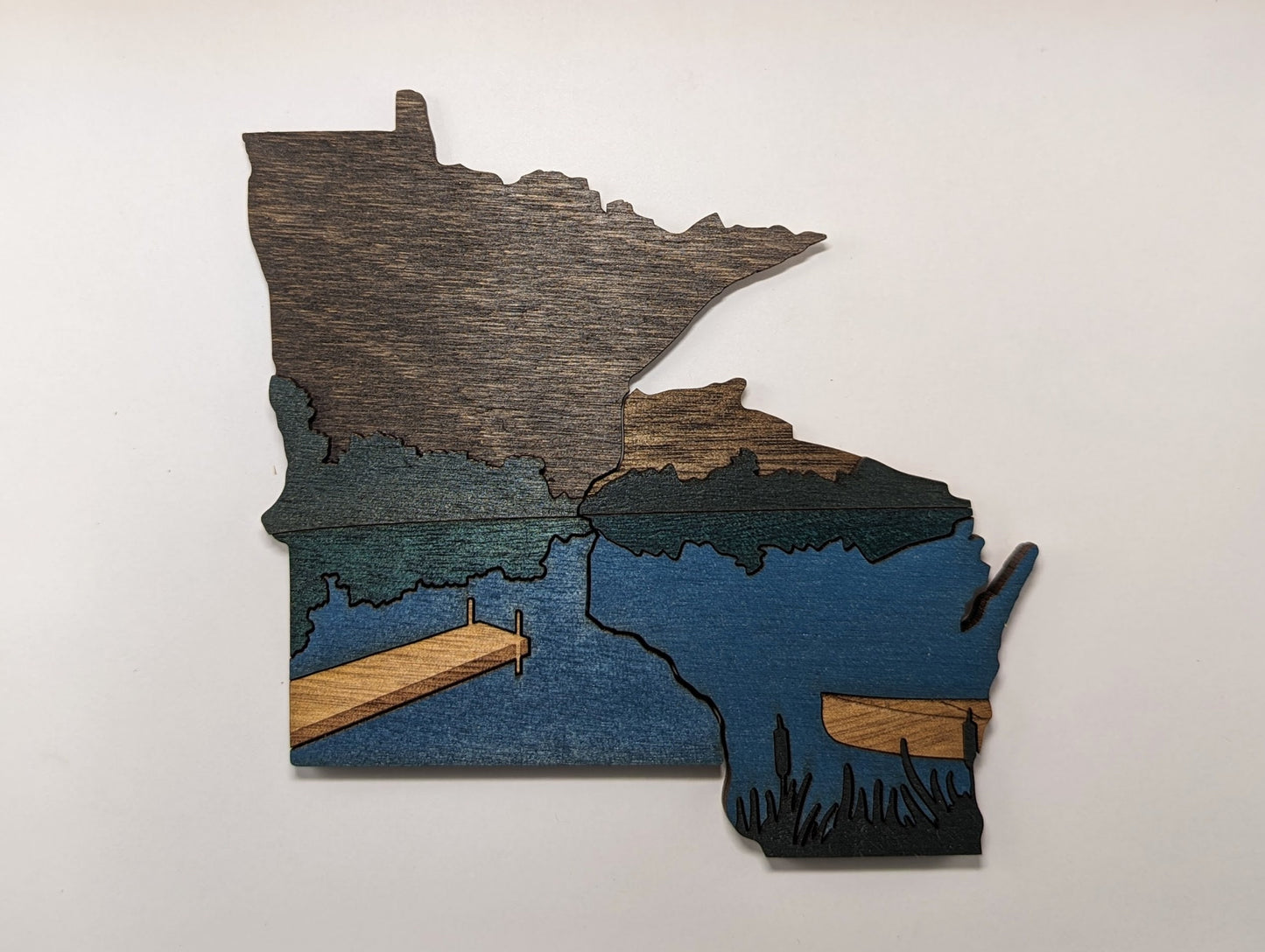 Minnesota 5" with Wisconsin that nestles magnet. Layered wood art. Multipurpose housewarming, wedding, or Christmas gift. Adorable, natural.