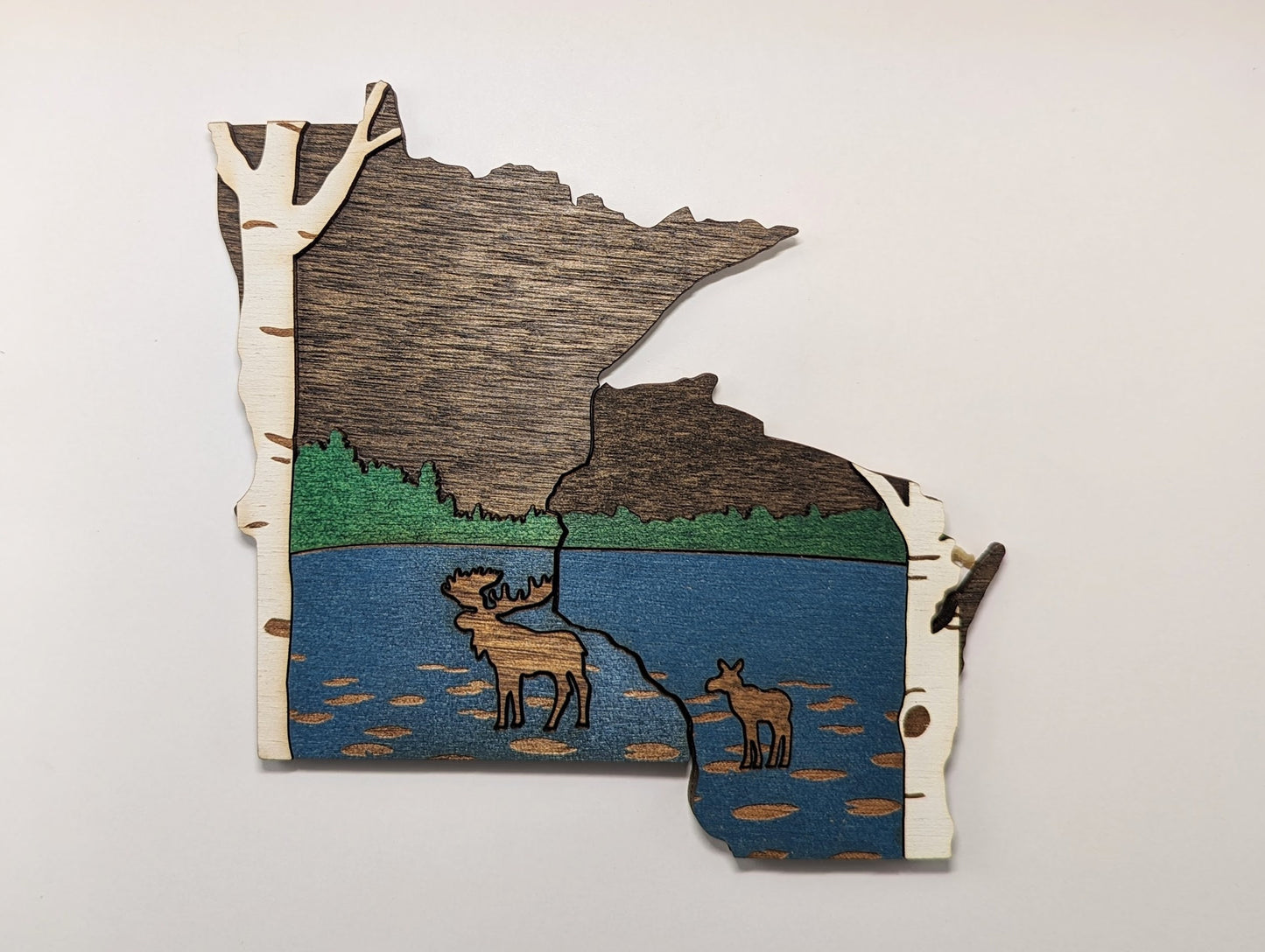 Minnesota 5" with Wisconsin that nestles magnet. Layered wood art. Multipurpose housewarming, wedding, or Christmas gift. Adorable, natural.
