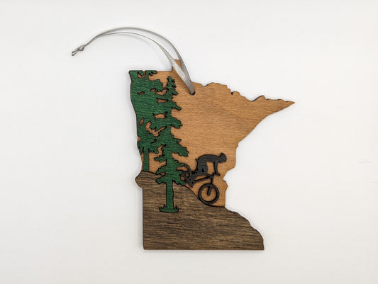 Minnesota Biker and Tree 5" handmade wood ornament or magnet