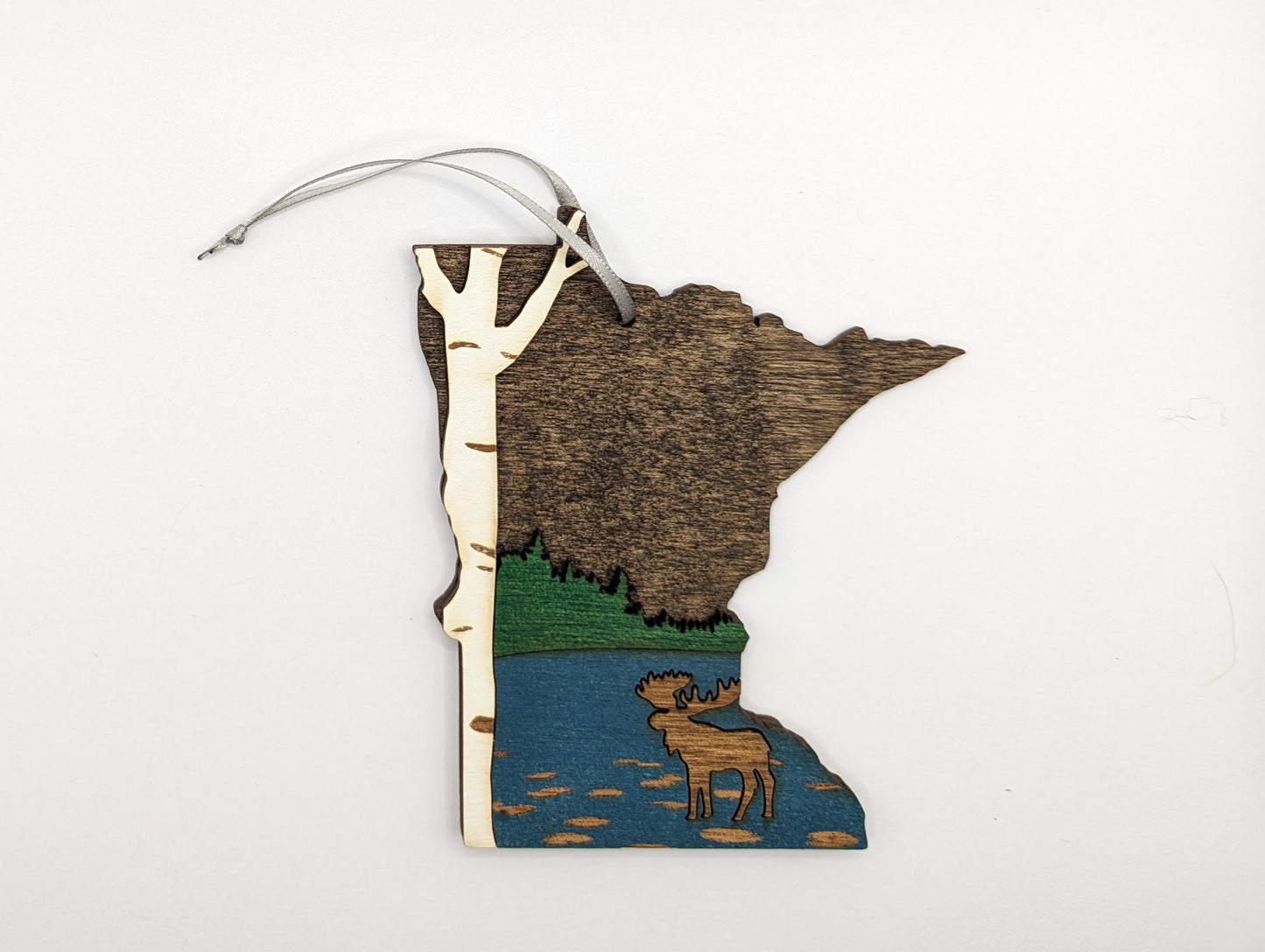 Minnesota Moose and Birch 5" handmade wood ornament or magnet