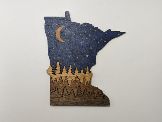 Minnesota Night Sky and Trees 5" handmade wood ornament or magnet
