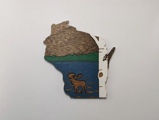 Rustic Moose and Birch Scene Wisconsin Wooden Ornament or Magnet