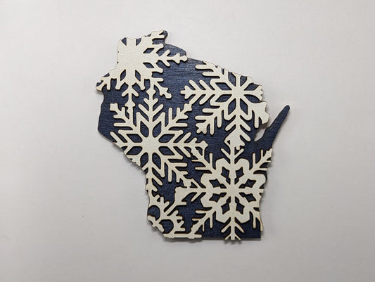 Snowflakes on 5" Wisconsin Wood Ornament or Magnet
