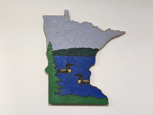 Minnesota Loons on Lake 5" handmade wood ornament or magnet