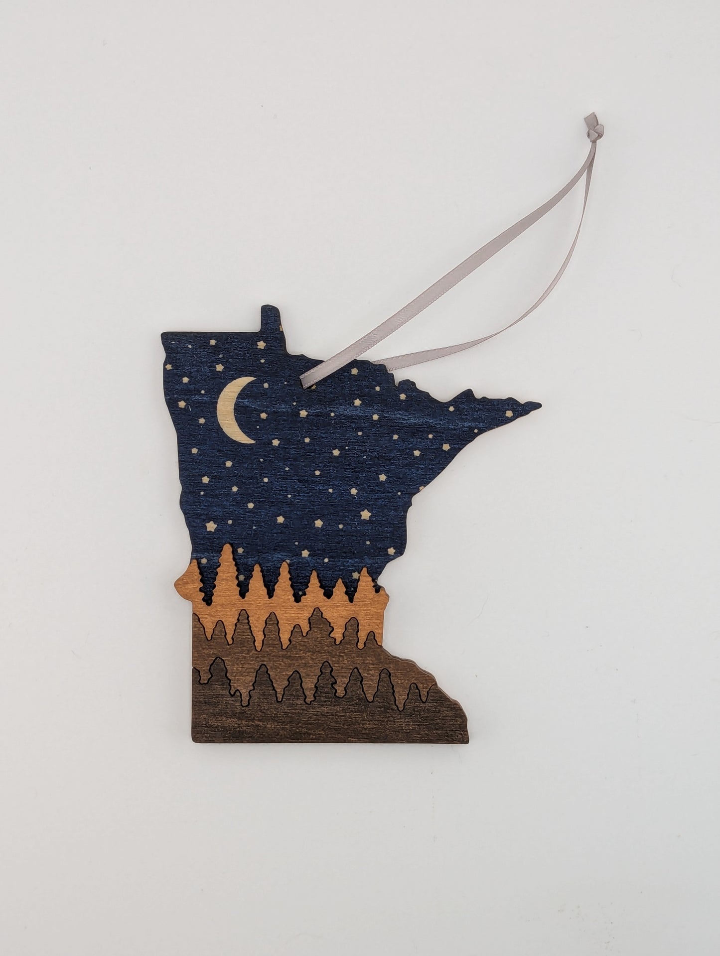 Minnesota Night Sky and Trees 4.25" handmade wood ornament or magnet