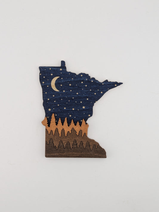 Minnesota Night Sky and Trees 4.25" handmade wood ornament or magnet