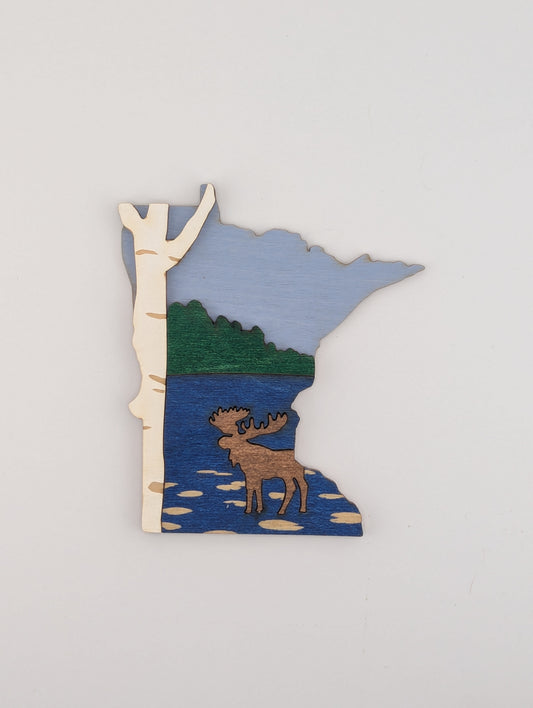 Minnesota Moose and Birch 4.25" wood ornament or magnet