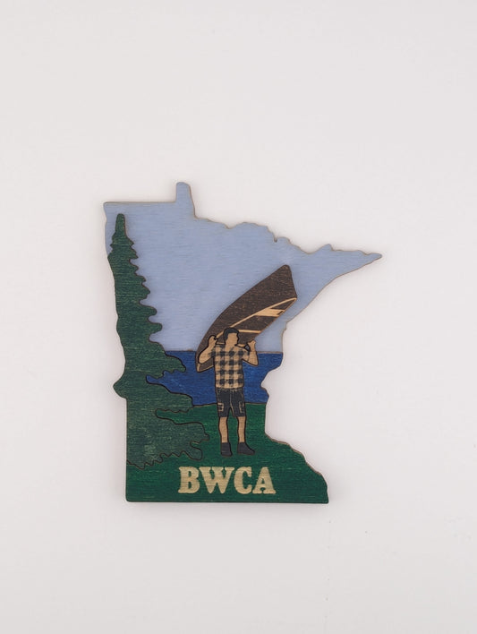 Minnesota BWCA Canoe Portage Man 4.25" wood ornament or magnet