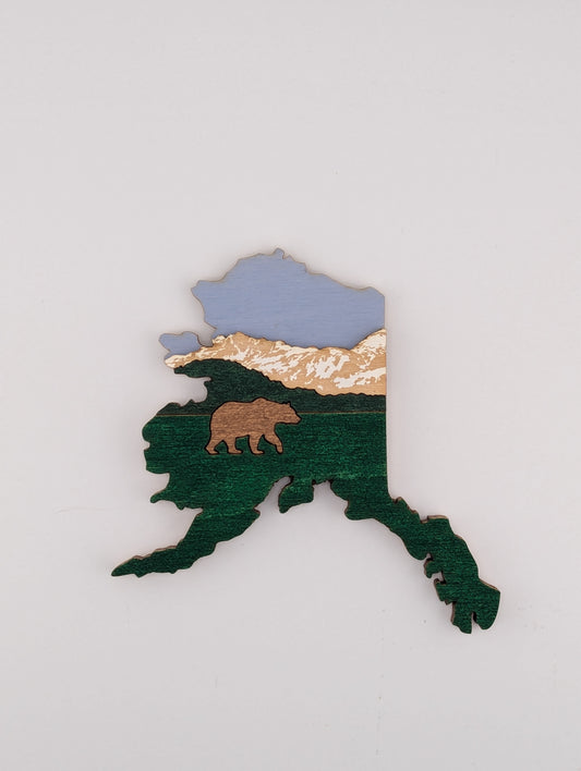 Brown Bear in Alaksa Handmade Wood Ornament or Magnet