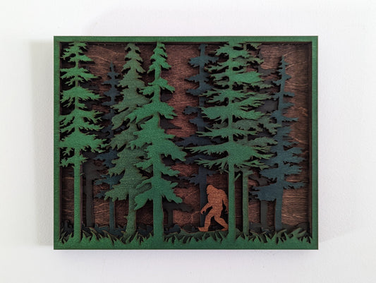 Sasquatch woods scene. Layered wood sign. Multiple sizes available. Bigfoot Yeti