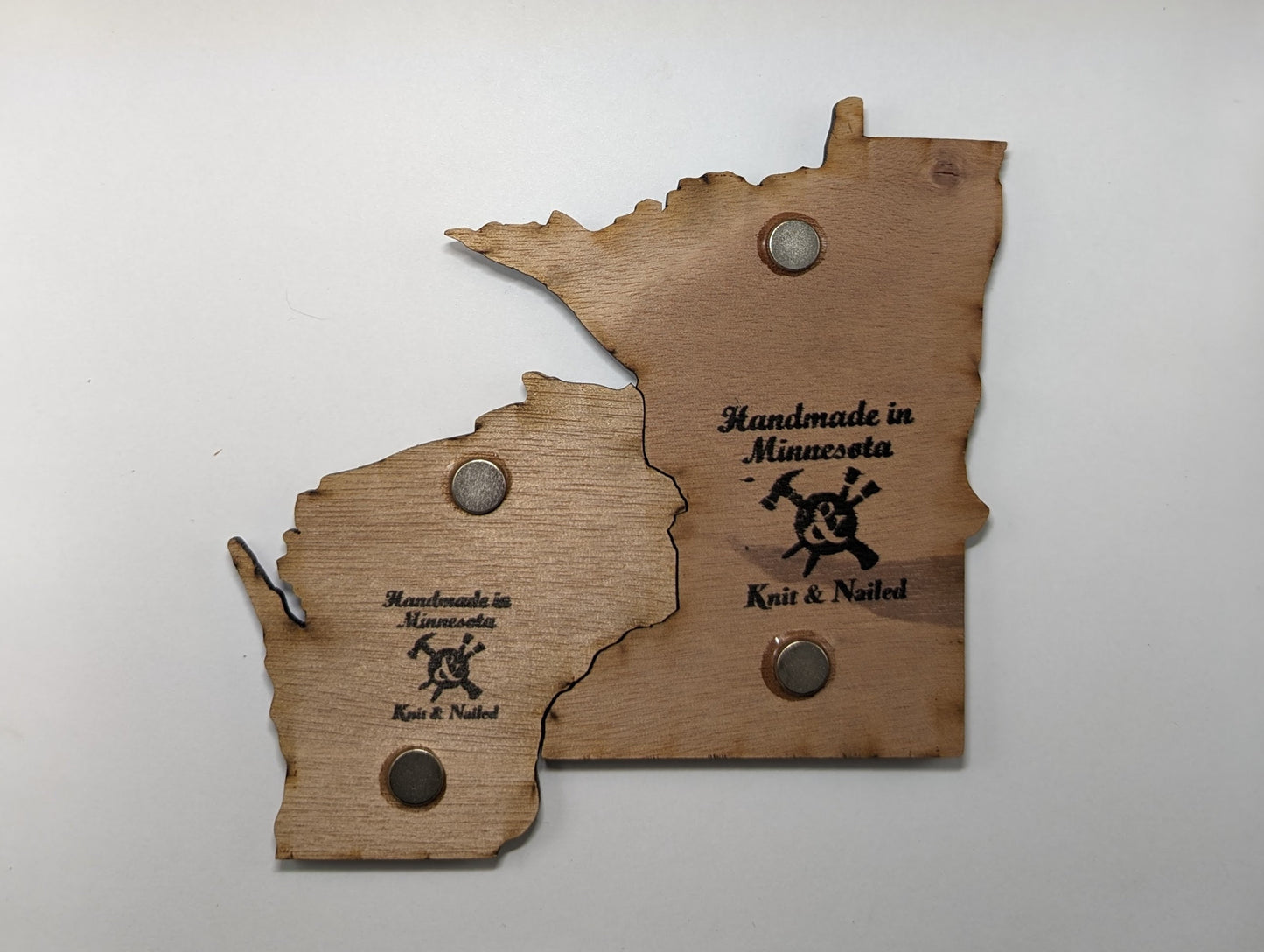 Minnesota 5" with Wisconsin that nestles magnet. Layered wood art. Multipurpose housewarming, wedding, or Christmas gift. Adorable, natural.