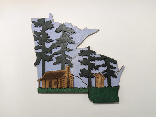 Minnesota 5" with Wisconsin that nestles magnet. Layered wood art. Multipurpose housewarming, wedding, or Christmas gift. Adorable, natural.
